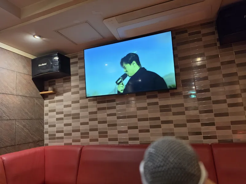 붉은 소파와 벽돌 타일 벽이 있는 룸의 노래방 화면