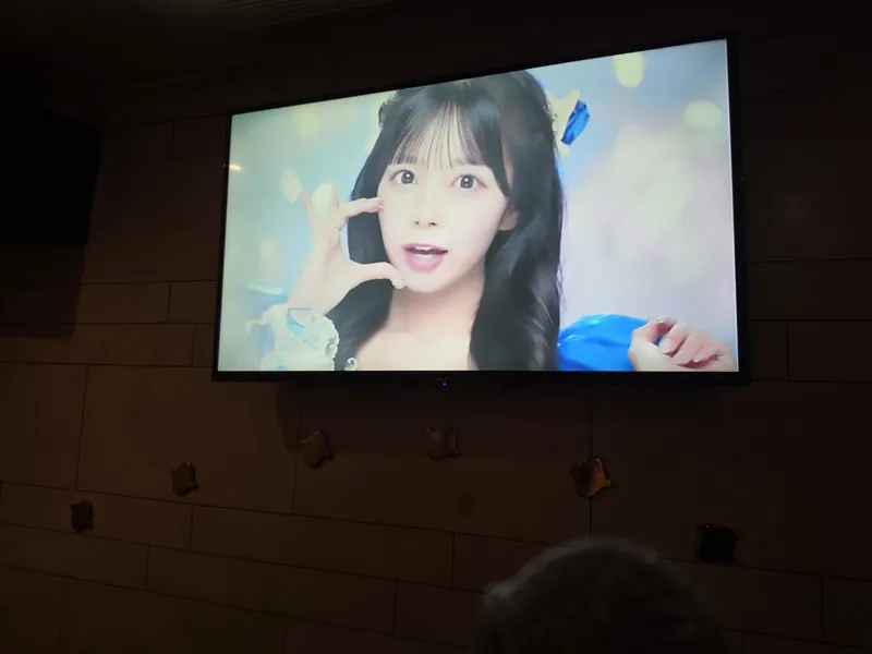 노래방 화면이 켜진 룸 벽면